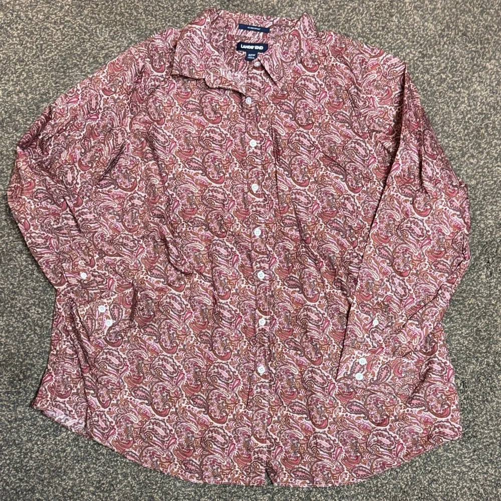 Lands End Woman’s Pink Brown Button up Shirt 22W 22 Rodeo Shirt Plus Womens - Picture 1 of 3